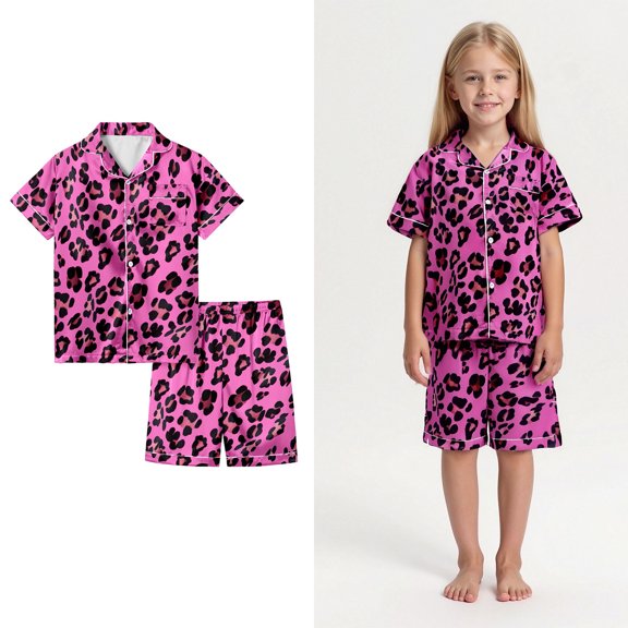 Girls Satin Pajamas Leopard Pjs Short Sleeve Button Down Shirt Comfy Toddler Matching Pjs for Kids 2-3 Years