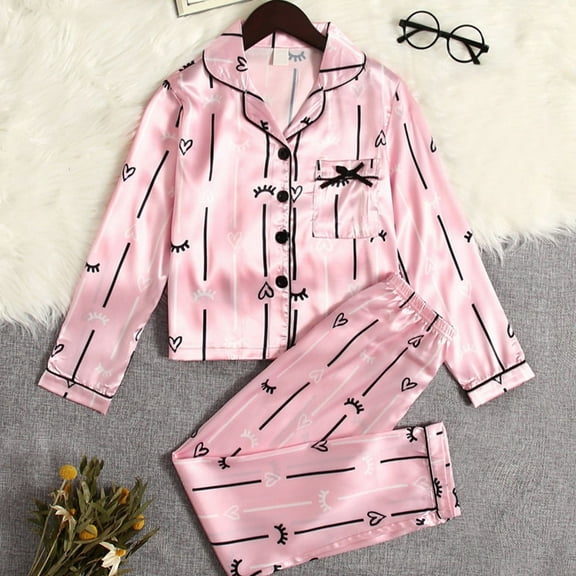 Girls Satin Pajamas Set 2Pj Silk Nightwear Button Down Sleepwear for Teen Kid Pink 9 Years