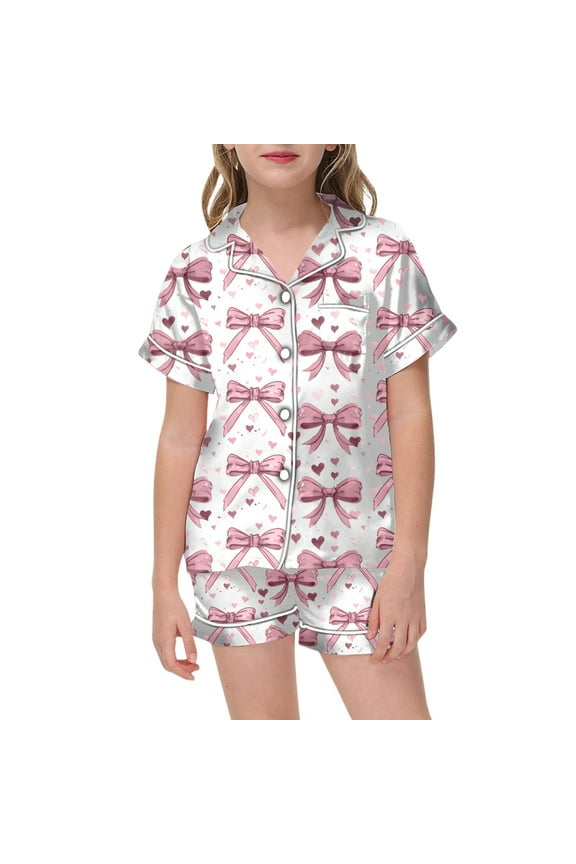Girls Satin Pajamas Set,Bow Satin Sleepwear Set Girls Button Down Pajamas Set 2 Piece Pajamas Sleepwear Outfits Silk Pajamas for Girls 4-5 Years