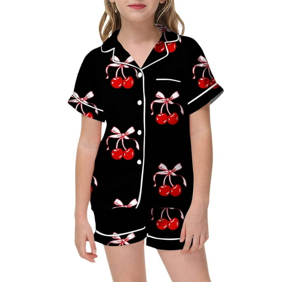 Girls Satin Pajamas Set Bow Tie Printed Short Sleeve Shirts and Shorts Nightwear Set Valentines Day Pjs Trendy Girls' Sleepwear Two-Piece Pj Sleepwear Sets 2-3 Years