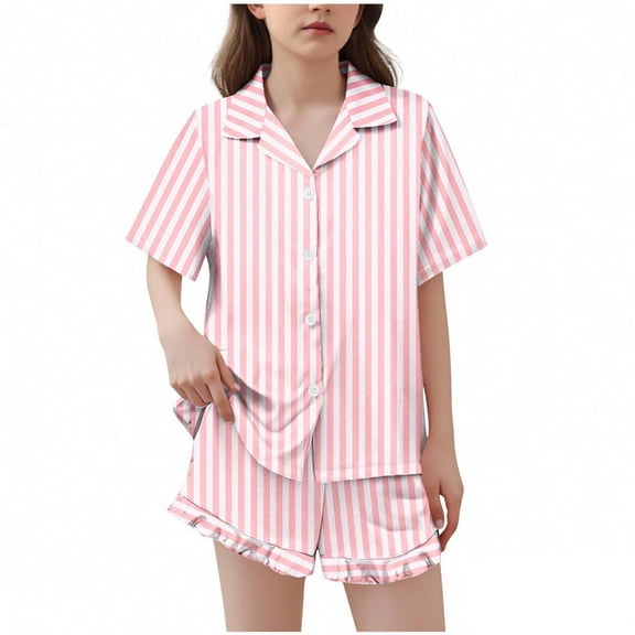 Girls Satin Pajamas Set Button Down 2 Piece Silk Pjs Shorts Set Short Sleeve Ruffle Notch Collar Silk Sleepwear, 12 Y