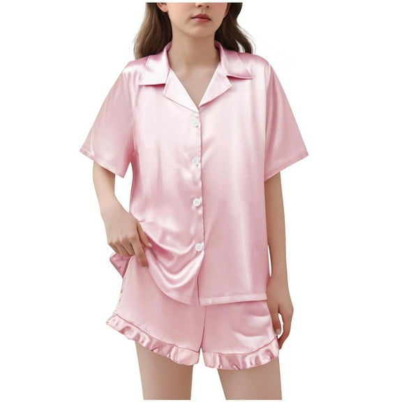Girls Satin Pajamas Set Button Down 2 Piece Silk Pjs Shorts Set Short Sleeve Ruffle Notch Collar Silk Sleepwear, 12 Y
