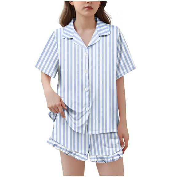 Girls Satin Pajamas Set Button Down 2 Piece Silk Pjs Shorts Set Short Sleeve Ruffle Notch Collar Silk Sleepwear, 7 Y