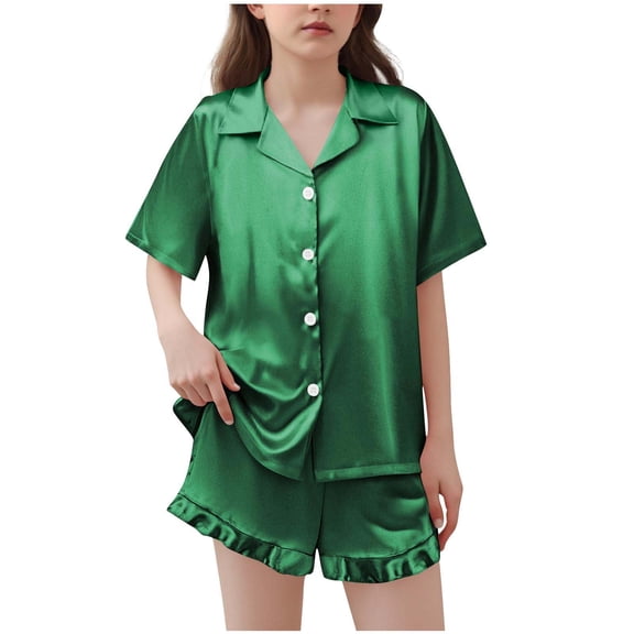 Girls Satin Pajamas Set Button Down 2 Piece Silk Pjs Shorts Set Short Sleeve Ruffle Notch Collar Silk Sleepwear, 9 Y