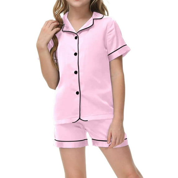 Girls Satin Pajamas Set Solid Girls Button Down Pajamas Set Pjs Sleepwear Outfits Girlss Pjs Size 6-7 Years Girls Fashion