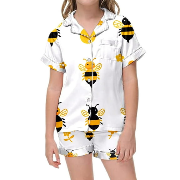 Girls Satin Pajamas Size 12-14 Bee Day Girls Summer Pajamas Soft Fit Pulloverr Sleepwear Set Silk and Stain Short Sleeve Set &White 12-13 Years