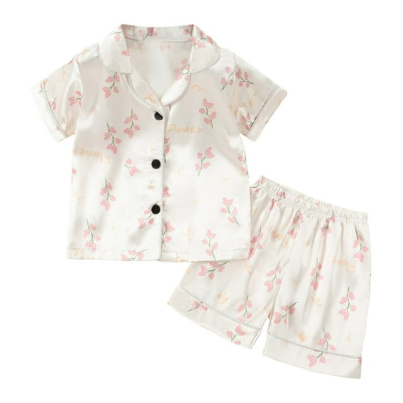 Girls Satin Pajamas Toddler Girls Floral Silk Pajamas Set Summer Short Sleeve Button Up Top Shorts 2Pc Satin Sleepwear Set Girls Pajamas Pink 3 Years-4 Years
