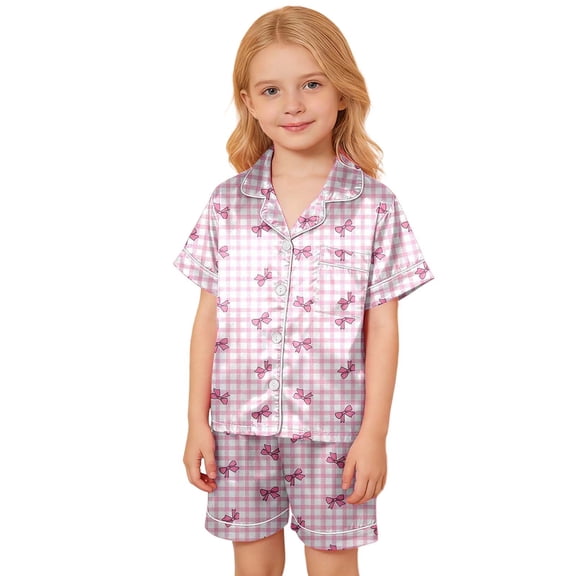 Girls Satin Pajamas Valentine Pjs Short Sleeve Bow Button Down Sleepwear Boys Pajama 6-7 Years