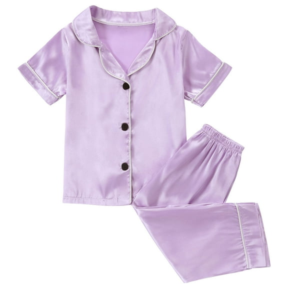 Girls Satin Silk 2 Pieces Sets Summer Short Sleeve Button Down Lapel Sleepwear with Pocket Elastic Waist Casual Pants Lightweight Loose Lounge Set