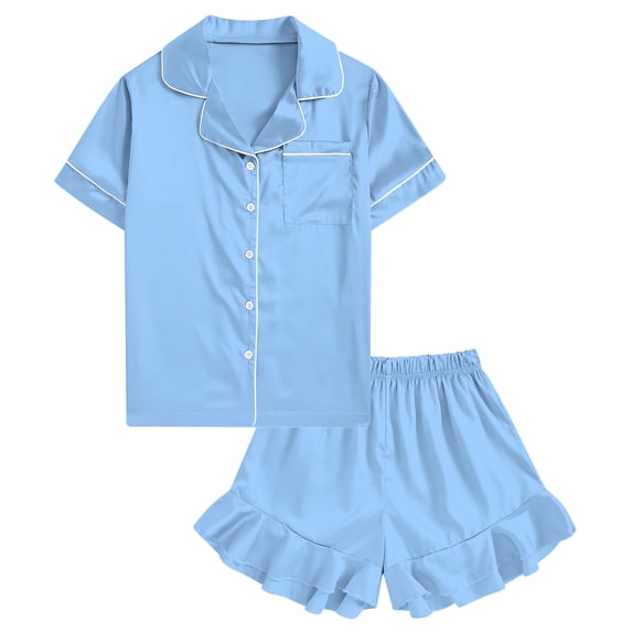 Aideaone Girls Satin Pajama Set Short Sleeve Button Down Silk Sleepwear 2 Piece Summer Loungewear for Child Girl 6-14Y