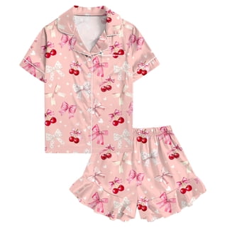 Aideaone Girls Satin Pajama Set Short Sleeve Button Down Silk Sleepwear 2 Piece Summer Loungewear for Child Girl 6-14Y