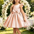 thumbnail image 1 of Girls' Satin Sleeveless Formal Party Dress, Square Neck, Large Bow Decor, Flared Swing Midi Skirt, Flower Girl Style, Suitable For Wedding Ceremonies, Birthday Banquets Beige 3-4 Years, 1 of 6