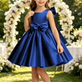 thumbnail image 1 of Girls' Satin Sleeveless Formal Party Dress, Square Neck, Large Bow Decor, Flared Swing Midi Skirt, Flower Girl Style, Suitable For Wedding Ceremonies, Birthday Banquets Dark Blue 0-1 Years, 1 of 6