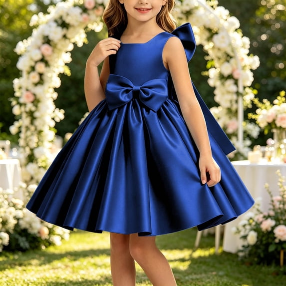 Girls' Satin Sleeveless Formal Party Dress, Square Neck, Large Bow Decor, Flared Swing Midi Skirt, Flower Girl Style, Suitable For Wedding Ceremonies, Birthday Banquets Dark Blue 0-1 Years