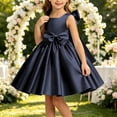 thumbnail image 1 of Girls' Satin Sleeveless Formal Party Dress, Square Neck, Large Bow Decor, Flared Swing Midi Skirt, Flower Girl Style, Suitable For Wedding Ceremonies, Birthday Banquets Navy 3-4 Years, 1 of 6