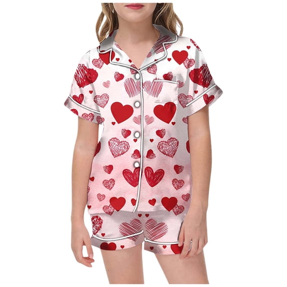 Girls Satin Valentine Pajamas Button Down Short Sleeve & Short Pants Outfit Comfy Cute Printed Summer Lounge Sets 2 Piece Pjs Clothes Set Gifts for Kids