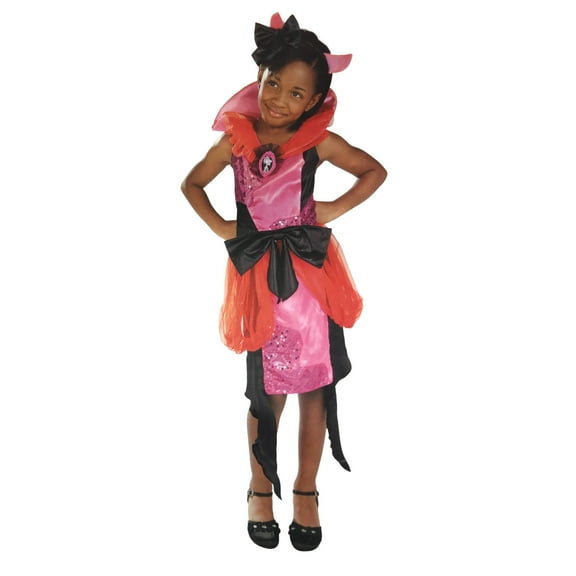 Girls Satiny Pink Black & Red Vogue Devil Halloween Dress Costume Large (10-12)