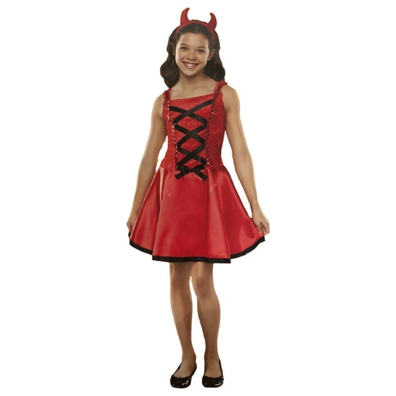 Girls Satiny Red Ribbon Devil Dress Halloween Costume Small (4-6)