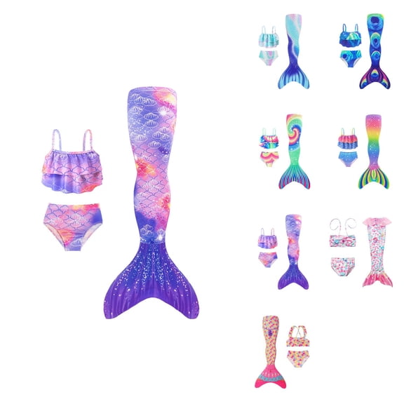 Girls Scale Print Two-Piece Swimsuit with Detachable Skirt, Tail Piece & Ruffle â Adjustable Summer Beach Bathing Suit for Kids Ages 3-7 Years