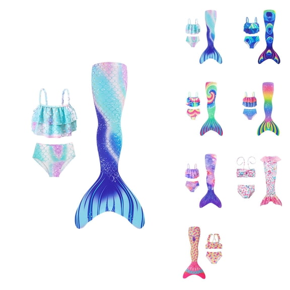 Girls Scale Print Two-Piece Mermaid Swimsuit with Detachable Skirt, Tail Piece & Ruffle – Adjustable Summer Beach Bathing Suit for Kids Ages 3-7 Years