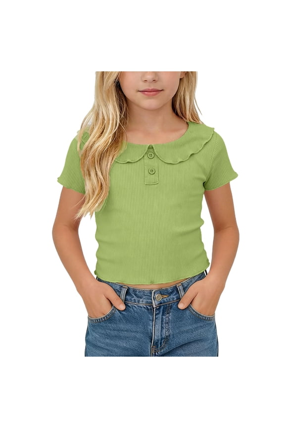 Girls Scalloped Peter Pan Collar Ribbed Crop Top Short Sleeve Ruffle Cuffs Button Front Blouse Green,Size 0-1T