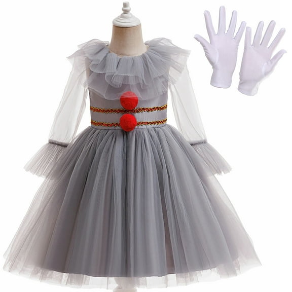 Girls Scary Clown Costume Dress Halloween Cosplay Character Outfits for 5-6Y