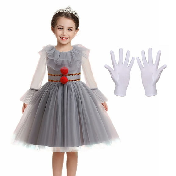 Girls Scary Clown Costume with GlovesHalloween Princess Fancy Dress-up Kids Size 3-4T