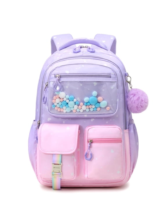 Girls School Backpack 20L for Grades 1-5, Lightweight Ergonomic Bookbag with Reflective Stripes, Water-Repellent Daypack with Cute Pendant