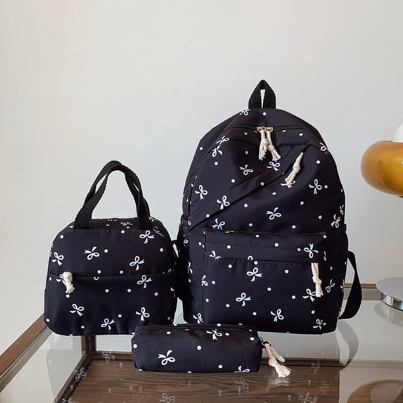 Girls School Backpack Bow 3 Piece Backpack Set Cute Preppy School Bag with Lunch Tote and Pencil Case Black One Size