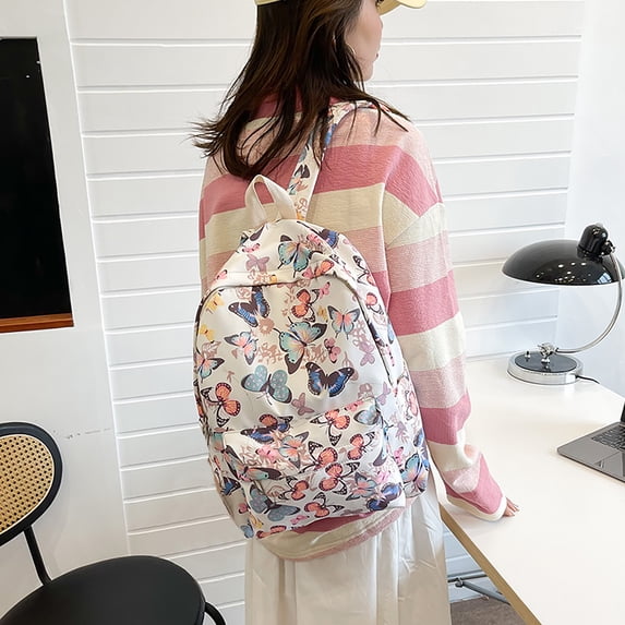 Girls School Backpack Butterfly Print Nylon Backpack Large Capacity Travel School Daypack Pink One Size