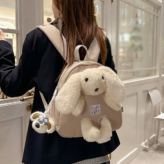 Girls School Backpack Detachable Bunny Plush Backpack Casual Everyday Stylish Daypack with Toy Khaki One Size