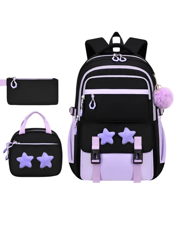 Girls School Backpack with Lunch Box Pencil Case Set, Cute Middle School Bag Teen Girls Backpack Bookbag 3pcs