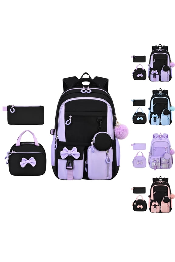 Girls School Backpack with Lunch Box Pencil Case Set, Cute Middle School Bag Teen Girls Backpack Bookbag for Kids, 3pcs (Black)
