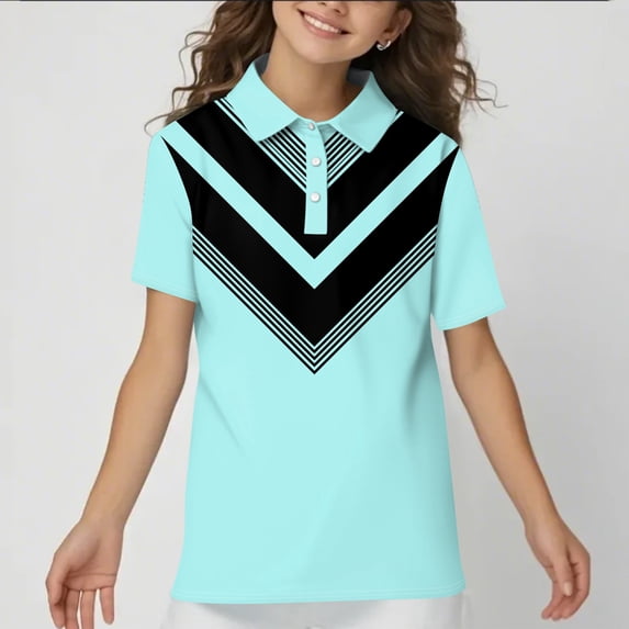 Girls School Cute Polo Shirt Kids Short Sleeve Lapel Button Top Summer Beach Comfortable Boho Tees, 110