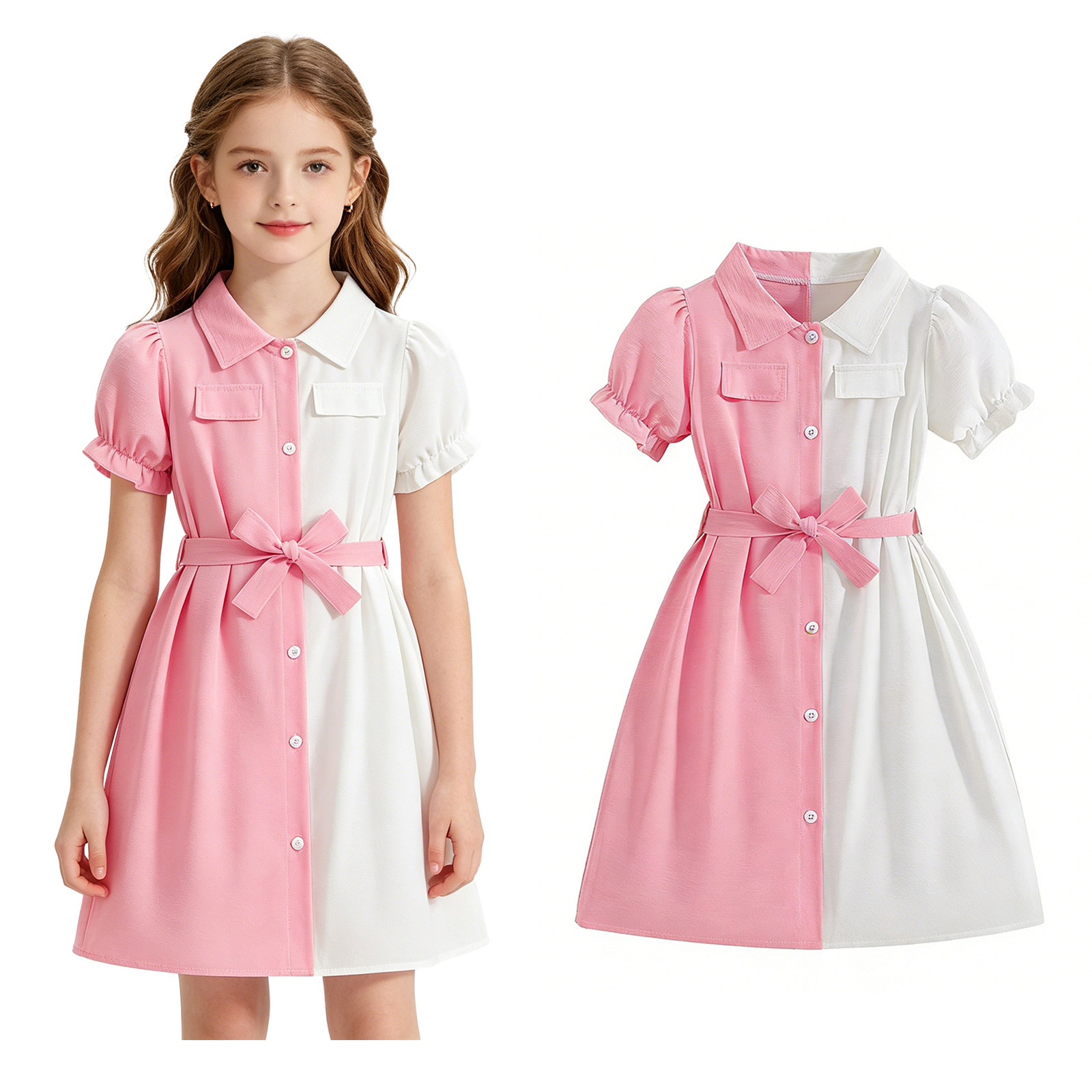 Girls School Dresses Short Sleeve Shirtdress Flared Girls Back To School Dress 3-4 Years
