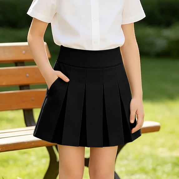 Girls' School Pleated High Waist Stretch Sports Casual Skirt With Pockets Suitable(Black,120/7Y)