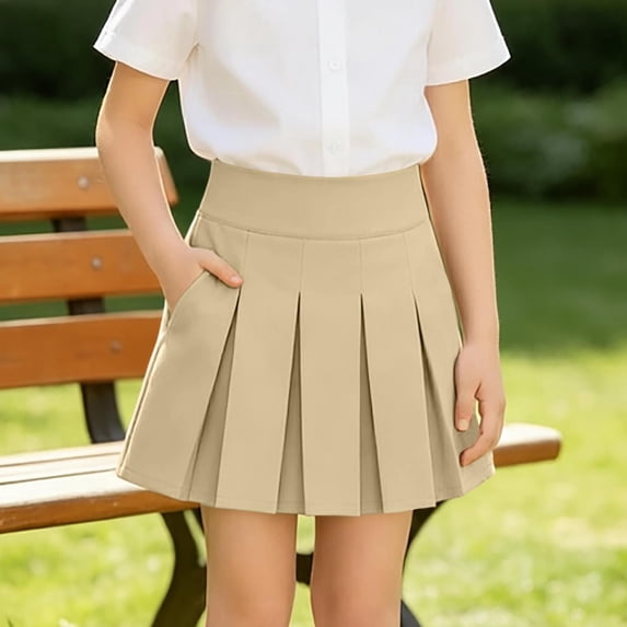 Girls' School Pleated High Waist Stretch Sports Casual Skirt With Pockets Suitable(Khaki,130/9Y)