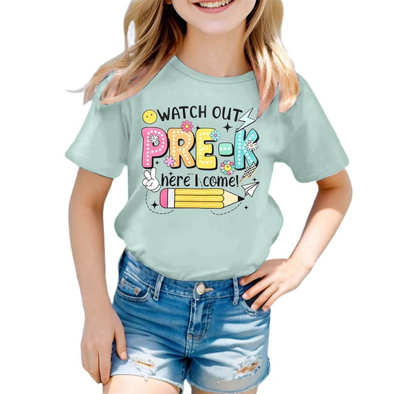 Girls School Print T Shirt Short Sleeve Crewneck Cute Top Casual Back to School Summer Tee
