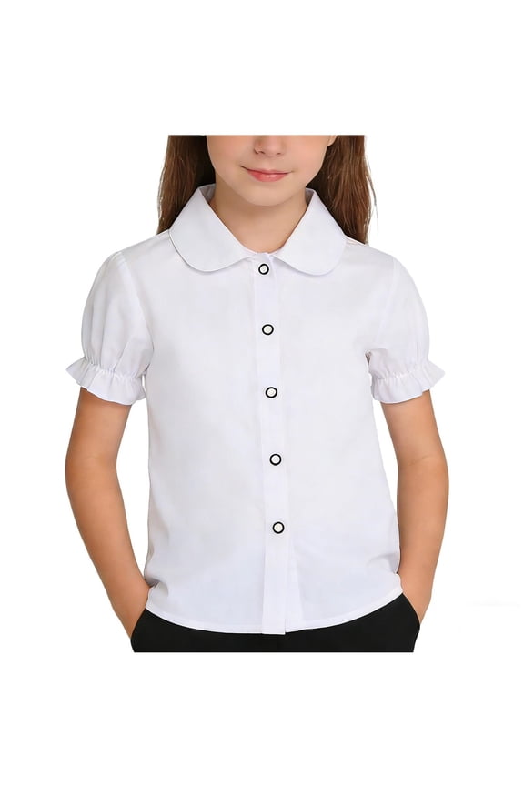 Girls' School Shirts Short Sleeve Uniform Solid/Striped Print Kids Button Down Collared Blouses Tops (2-3 Years, White #D)