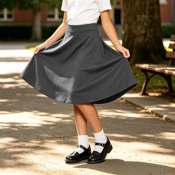 Girls' School Skirt A Line Skirt With Short Pants As The Inner Layer Solid Colored Half Length Skirt Two Layer Short Pants Skirt. Suitable(Grey,170/14Y)