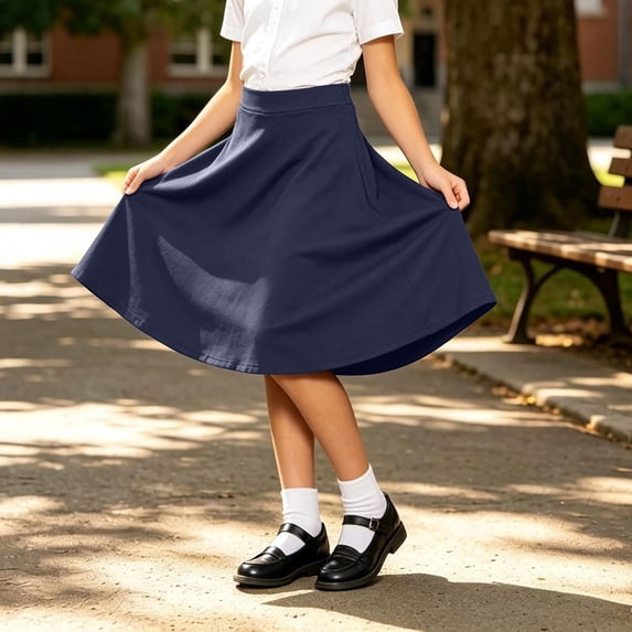 Girls' School Skirt A Line Skirt With Short Pants As The Inner Layer Solid Colored Half Length Skirt Two Layer Short Pants Skirt. Suitable(Navy,130/8Y)