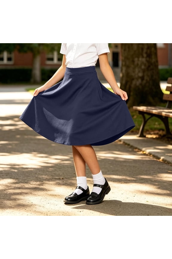 Girls' School Skirt A Line Skirt With Short Pants As The Inner Layer Solid Colored Half Length Skirt Two Layer Short Pants Skirt. Suitable(Navy,130/8Y)