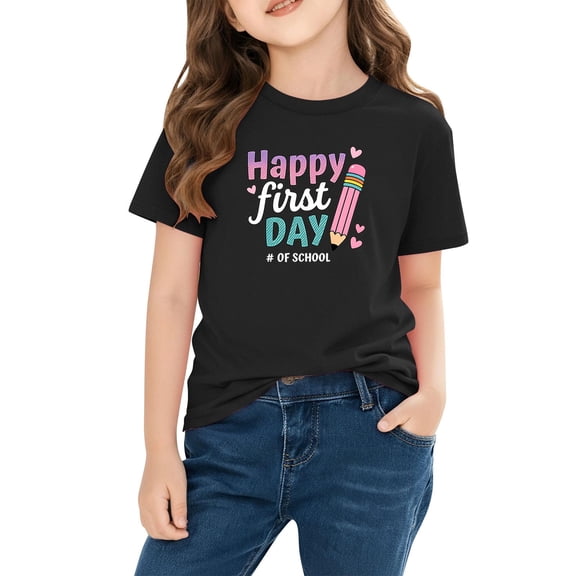 Girls School Tops Cute Printed Short Sleeve Crewneck Loose Casual Pullover Tees Kids Clothes Girls Size 3-10