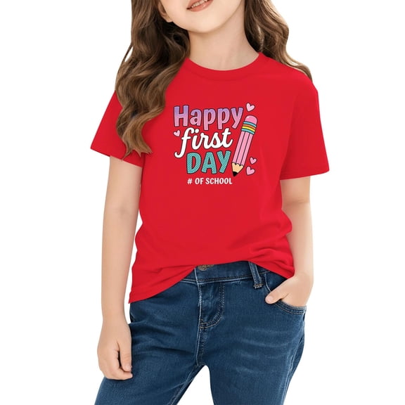 Girls School Tops Cute Printed Short Sleeve Crewneck Loose Casual Pullover Tees Kids Clothes Girls Size 3-10