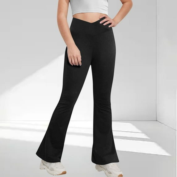Girls School Trouser Flare Leggings High Waisted V Crossover Casual Yoga Bell Bottoms with Pockets Pants for Kid Black 5-6 Years