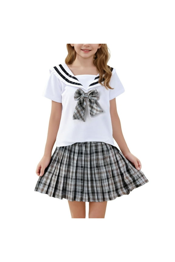 Girls School Uniform 2 Piece Pleated Skirt Outfits Short Sleeve Bowknot T-shirt and Mini Skater Skirts Sets (2 Years, Black)