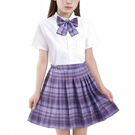 Girls School Uniform 3 Piece Set Short Sleeve Dress Shirt Pleated Mini Skirt Bowtie Summer Back to School Outfits 5 Years, Purple