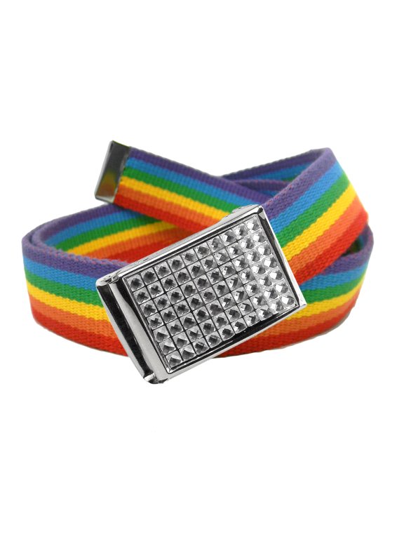 Girls School Uniform Belt Sparkly Crystal Easy Clamp Buckle with Canvas Web Belt Small Rainbow