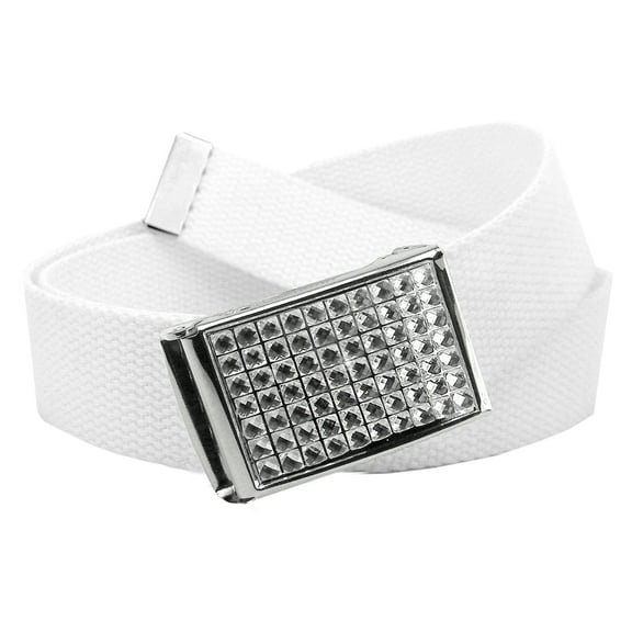 Girls School Uniform Belt Sparkly Crystal Easy Clamp Buckle with Canvas Web Belt X-Large White