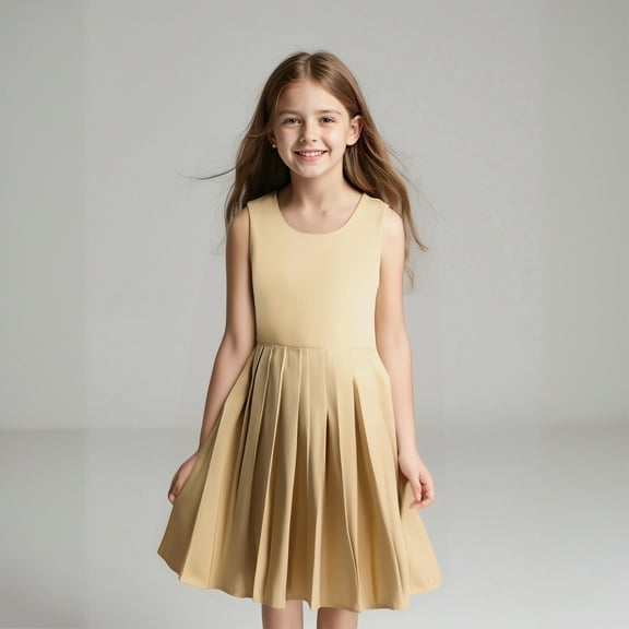 Girls School Uniform Dress Cute Pleated Knee Length Sleeveless Khaki Jumpers for Girls Girls Uniform Shirts 6-7 Years